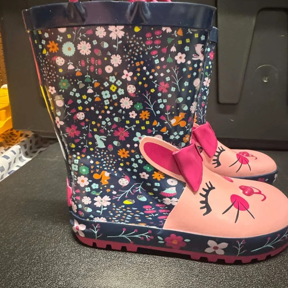 Toddler Bunny Rain Boots Pink Floral Waterproof Rubber Shoes Size 3